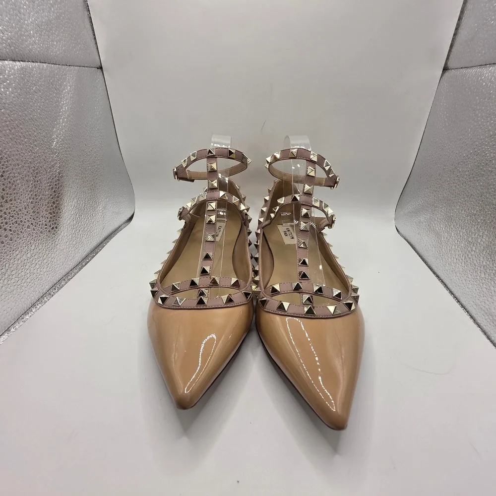 Kaitlyn Pan Nude Patent Rockstud Strappy Pointed Toe Flats Shoes Womens 10.5
